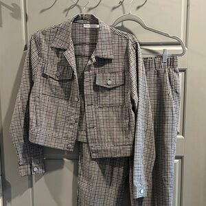 Plaid Cropped Blazer and Pants Set - Gray Plaid